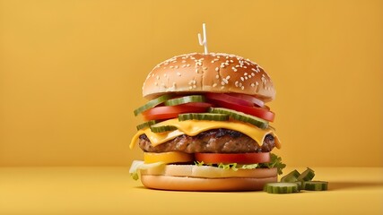 Wall Mural - A tasty fast-food burger soaring on a yellow backdrop