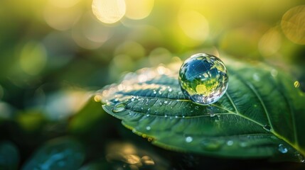 Wall Mural - Fresh water drop on a green leaf against a globe background, promoting sustainability