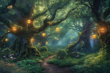 Enchanting Forest with Illuminated Lanterns - Magical Nature Art