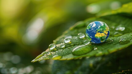 Wall Mural - Macro photography of water droplets on a leaf, with earth globe for climate change awareness