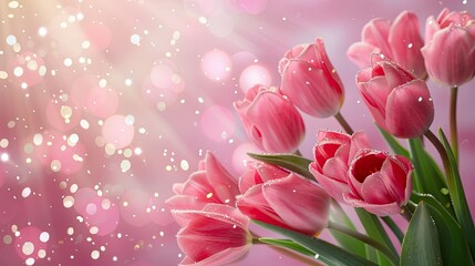 Wall Mural - Pink tulips with sparkling lights on a pink background, perfect for celebration