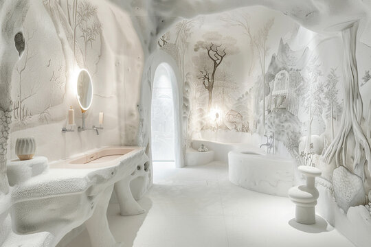 Artistic white bathroom with hand-painted murals, sculptural fixtures, and creative lighting, celebrating individuality.