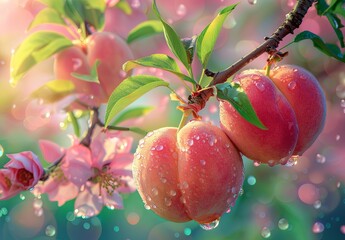 Wall Mural - Orchard landscape, detailed picture of two large full peaches hanging from the branches of the water drops