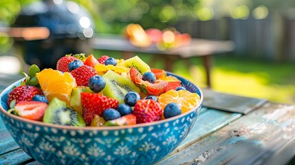 Wall Mural - Rainbow Fruit Salad: A vibrant bowl filled with a rainbow of fruits such as strawberries, blueberries, kiwi slices, pineapple chunks