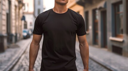 close up of fitness Model Shirt Mockup, Boy wearing black t-shirt on street in daylight, Male guy wearing casual t-shirt mockup placement