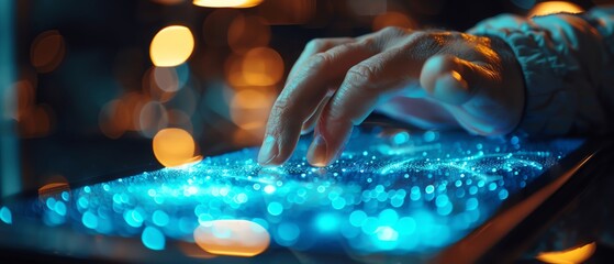 Close-up of a hand interacting with a glowing touch screen, showcasing digital technology and innovation in a futuristic setting.