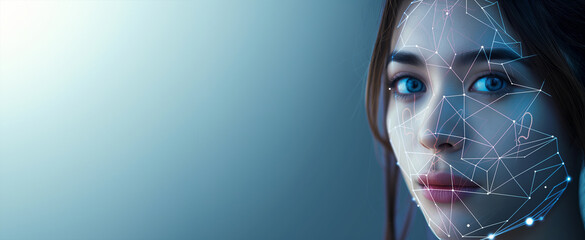 Wall Mural - A woman's face is shown in a computer generated image. The image is blue and features a lot of lines and dots
