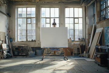 Wall Mural - wide angle view of a workshop of a modern artist, huge windows a lot of light, a large blank white canvas stands on an easel