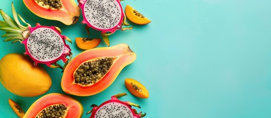Wall Mural - Frame of papaya, mango and dragon fruits on pastel background. Flat lay. Top view. Tropical fruit concept. with copy space image. Place for adding text or design