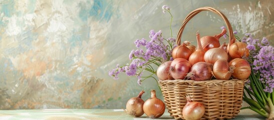 Aufkleber - Still life of onions with wicker basket with pastel background. Rustic style. Vertical image. with copy space image. Place for adding text or design