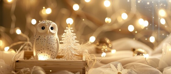 Poster - White owl figurine and glass Christmas tree toy in wooden box on biege tulle background with fairy lights, Christmas cozy winter scene. with copy space image. Place for adding text or design