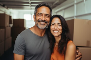 Wall Mural - Portrait of a smiling middle aged Hispanic couple in new home