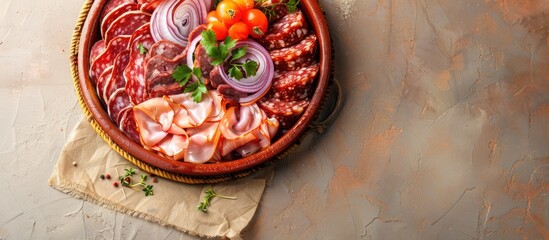 Aufkleber - Delicious ukrainian cold cuts platter. Served with marinated onions on brown clay plate. Isolated on a pastel background. with copy space image. Place for adding text or design