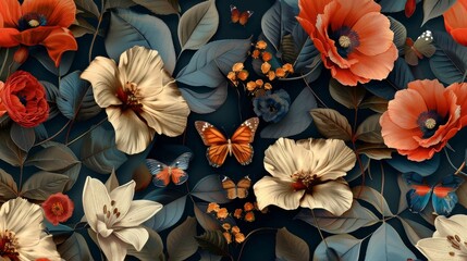 Floral seamless pattern with flowers, leaves, and butterflies, 3D illustration of a premium vintage wallpaper, glamorous art with lilies and poppies on a dark background