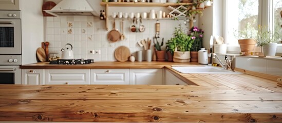 Wall Mural - interior of cozy small kitchen with wooden floor, white cabinets and solid wood worktop. with copy space image. Place for adding text or design