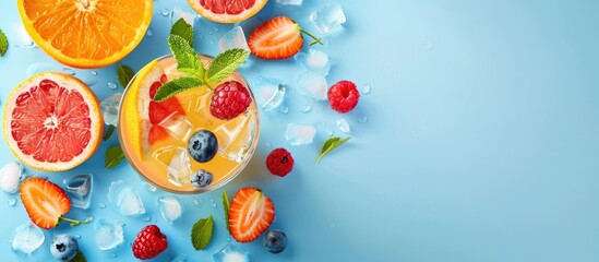 Aufkleber - Tropical fruit summer coctail with red grapefruit, berries and ice on blue background. Minimal cold drink layout. with copy space image. Place for adding text or design