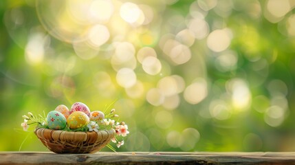 Wall Mural - a full basket of colorful easter eggs on wooden table