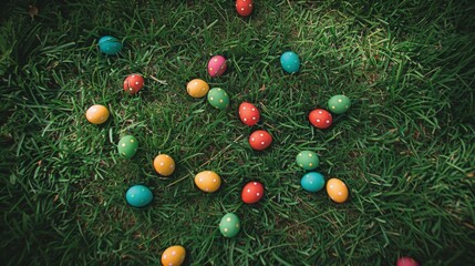 Wall Mural - top view of beautiful easter eggs on lawn