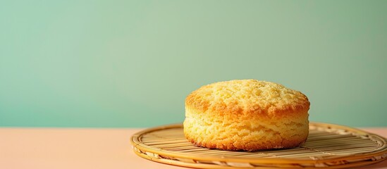 Leinwandbilder - One whole homemade golden coconut biscuit on bamboo coaster Isolated on pastel background. with copy space image. Place for adding text or design