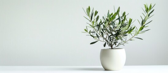 Wall Mural - Small Olea europaea olive plant in white ceramic pot isolated background. with copy space image. Place for adding text or design
