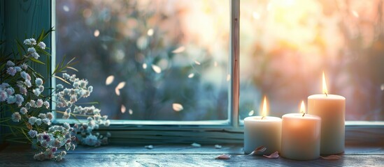Poster - Beautiful burning candles on windowsill. with copy space image. Place for adding text or design