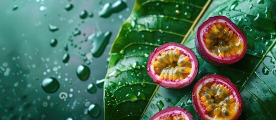 Leinwandbilder - Ripe passion fruit, on a wet banana leaf. Vitamins, fruits, healthy foods. pastel background. with copy space image. Place for adding text or design