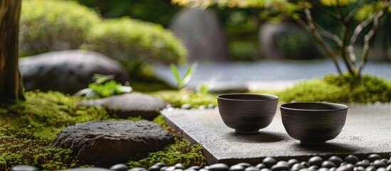 Japanese tea ceremony Outdoor event. Copy space image. Place for adding text or design