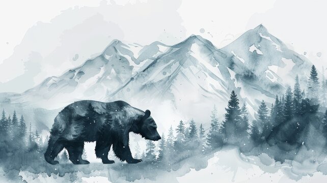 Watercolor Illustration of a Bear Among Snowy Peaks. The bear moves through a forested landscape with towering snowy mountains in the background. The watercolor technique adds a tranquil feel to the s