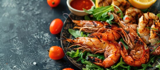 Poster - Close up of delicious grilled seafood platter. Copy space image. Place for adding text or design