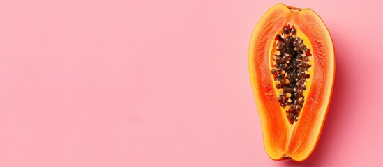 Leinwandbilder - Papaya slice Isolated on pastel background, top view. with copy space image. Place for adding text or design