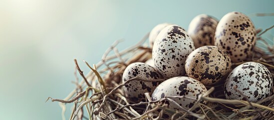 Leinwandbilder - quail eggs in nests. Selective focus, toned photo pastel background. with copy space image. Place for adding text or design