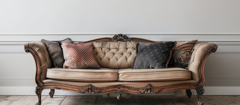 Old fashioned sofa with retro pillows. with copy space image. Place for adding text or design
