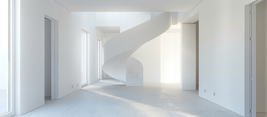 Wall Mural - Narrow corridor with white walls and doors leading to the street and another room with spiral staircase in modern apartment. with copy space image. Place for adding text or design