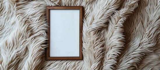 Empty wooden photo frame over cozy and warm fur carpet. For photography montage. Top view. with copy space image. Place for adding text or design