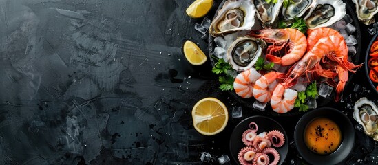 Poster - Seafood charcuterie platter board with shrimp, oysters, fish and octopus on black background. Top view, close up. with copy space image. Place for adding text or design