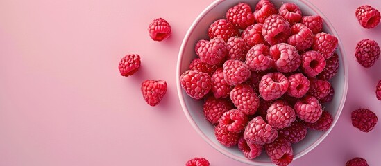 Poster - Raspberry Isolated on pastel background  Food  Summer. with copy space image. Place for adding text or design