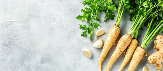 Fototapete - Parsnip fresh vegetables pastel background  Food  Isolated. with copy space image. Place for adding text or design
