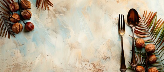 Leinwandbilder - Chestnuts food with fork from rain forest pastel background. with copy space image. Place for adding text or design
