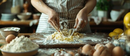 Aufkleber - Woman making dough with meat at home on the kitchen table. with copy space image. Place for adding text or design