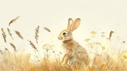 Wall Mural - Watercolor illustration of a rabbit amidst wildflowers. The subtle shading and pastel tones capture its innocence.