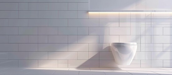 Sticker - White ceramic toilet placed at white tiled wall with decorative in light stylish bathroom with glowing lights at home. with copy space image. Place for adding text or design