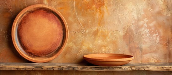 Wall Mural - a clay plate is on a wooden shelf. with copy space image. Place for adding text or design