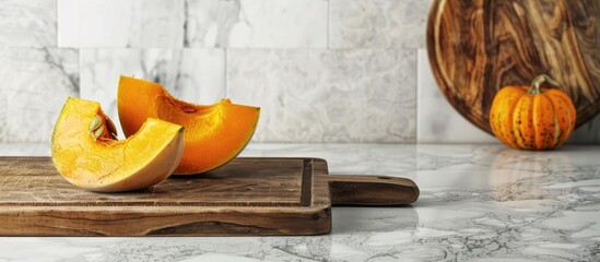 Fototapete - Slice of pumpkin on cutting board at kitchen counter. with copy space image. Place for adding text or design