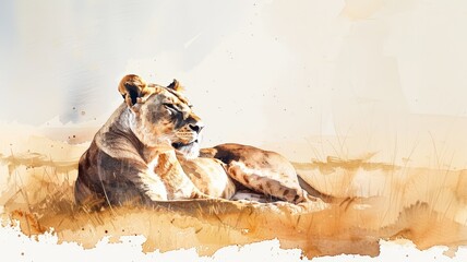 Wall Mural - This watercolor illustration portrays a lion resting in the peaceful savannah. The muted golds and browns provide a calm and serene backdrop.