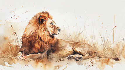 Wall Mural - This watercolor illustration features a lion lying in the serene savannah landscape. The calm and muted background emphasizes the tranquility.