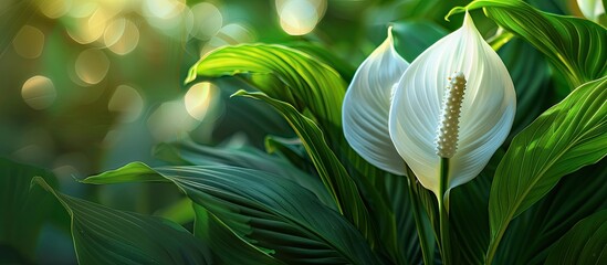 Wall Mural - Houseplant - Spathiphyllum floribundum (Peace Lily). White Flower on the background of green leaves with selective focus. with copy space image. Place for adding text or design