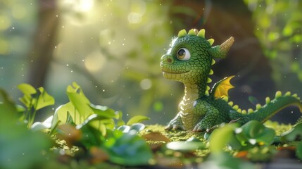 Wall Mural - Adorable Baby Dragon in Enchanted Forest, Generative AI