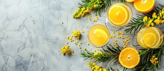 Aufkleber - Composition with tasty mimosa cocktails on table. with copy space image. Place for adding text or design