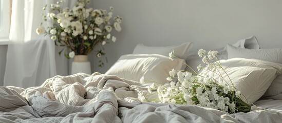 Sticker - White and gray cozy bedroom with flowers on the bedstead. Bedroom interior. with copy space image. Place for adding text or design