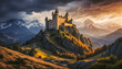 © Rémi Ranguin  - Magnifique citadelle médiévale fortifiée, située en haut d'une colline, montagnes enneigées en arrière plan, image sombre, ambiance conte et légende, forêt, rochers